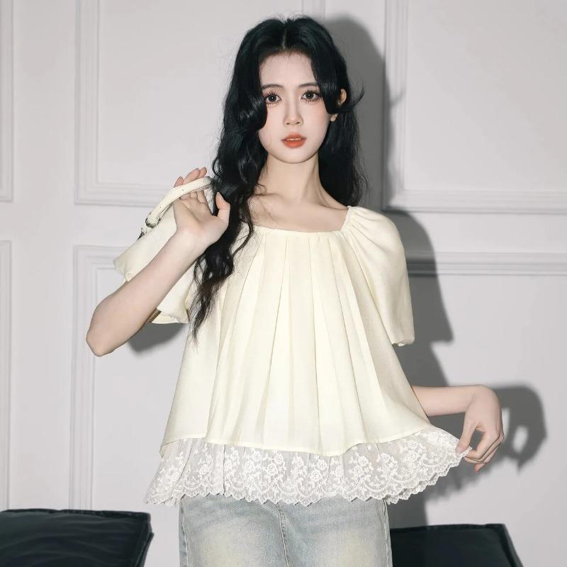 

Womens Solid Color Square Neck Lace Hem Short Sleeve Blouse S абрикосовый