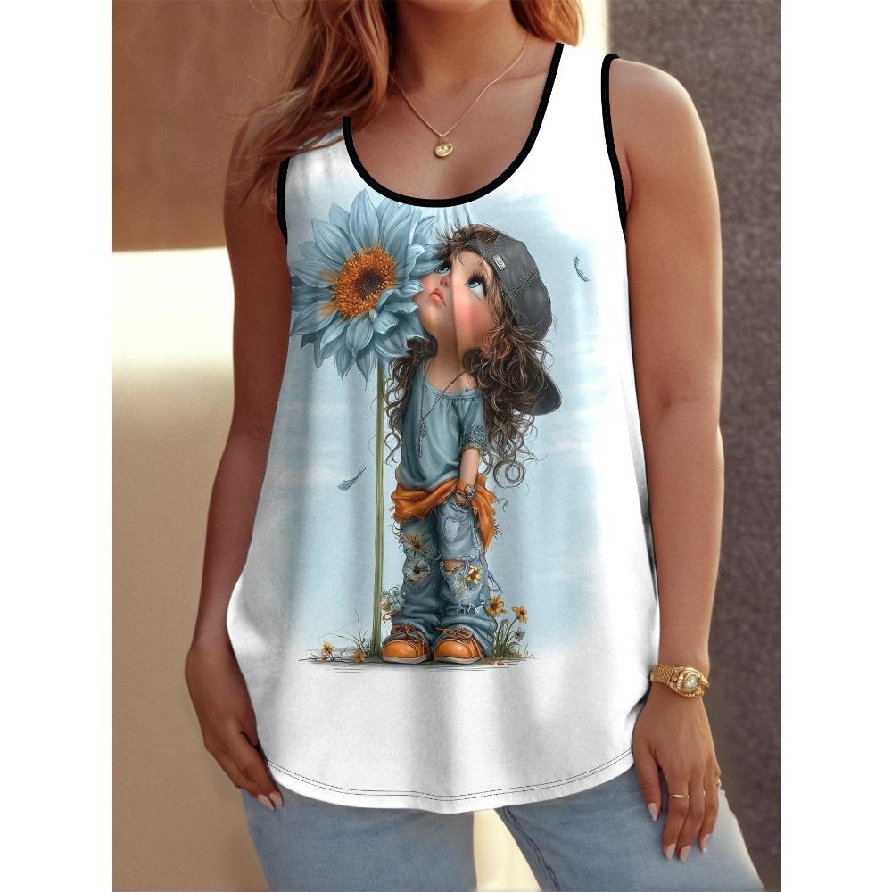 Summer Women's Large Size Colorful Creativity Portrait Flower 3D Printing Vest Loose Fashionable Comfortable Soft Breathable O Neck Sleeveless Vest