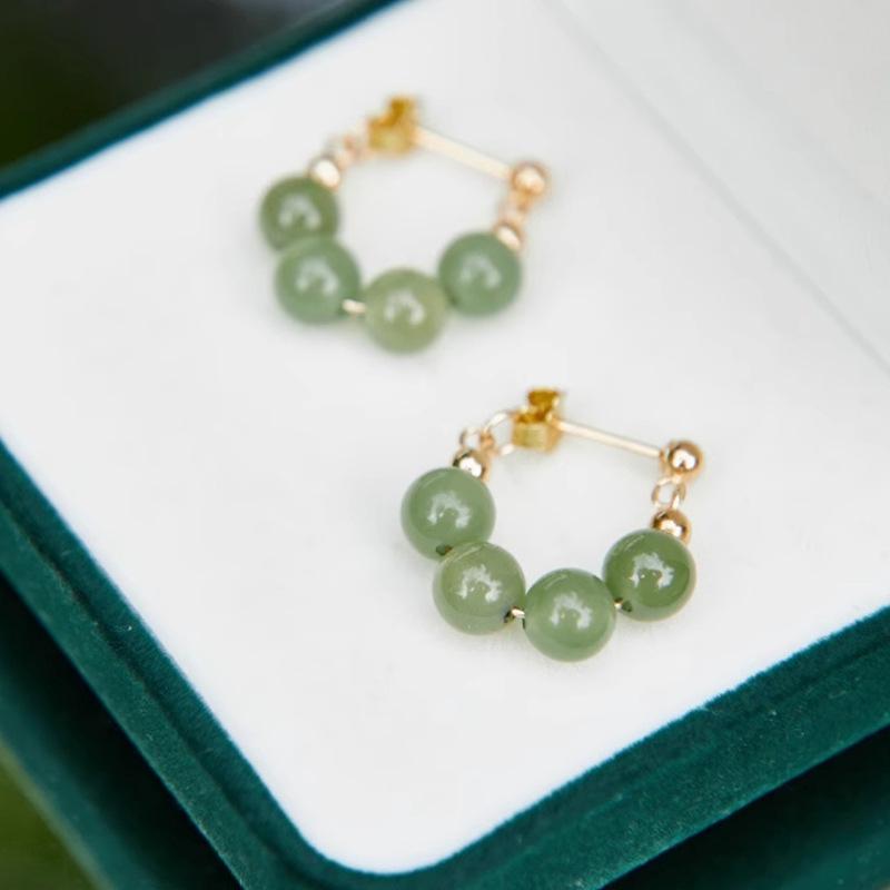 Natural Hetian Jade Green Dangle Earrings - New Chinese Style Studs for Women, National Style Qingyu Design