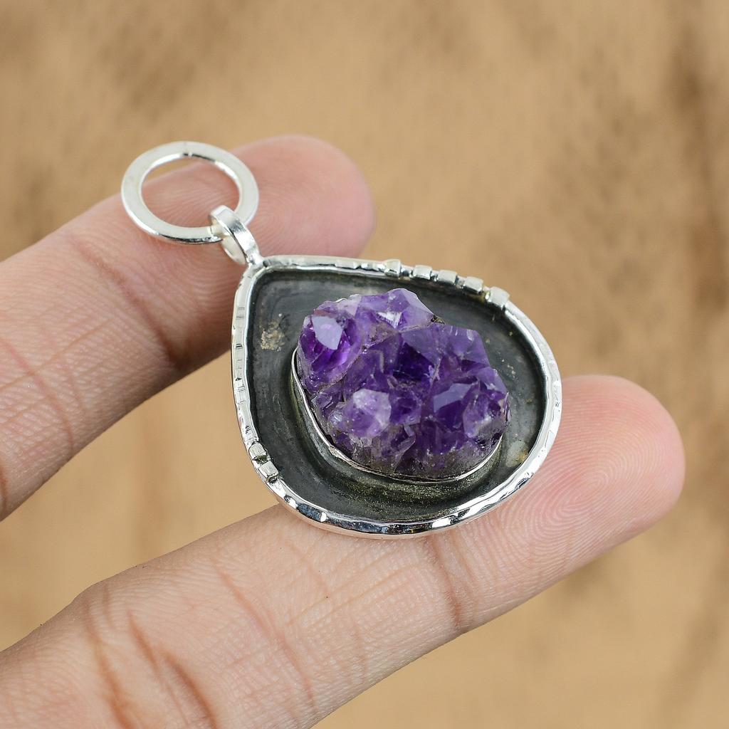 Natural African Amethyst Rough Gemstone Pendant Purple 925 Sterling Silver