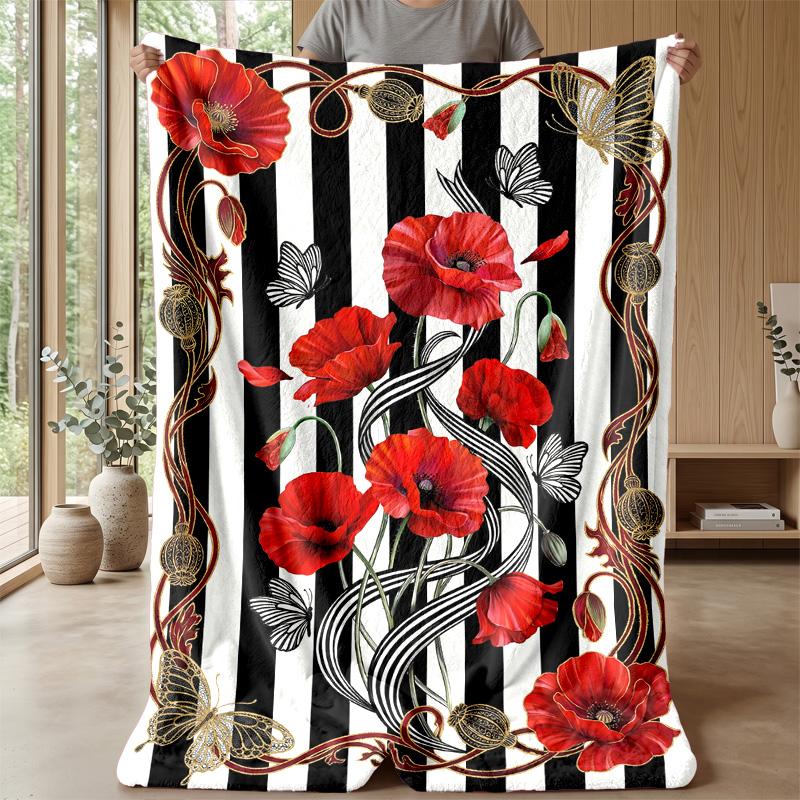 Red Poppies and Butterflies Theme blanket Lightweight Warm Flannel Blanket Decorative Throw Blanket for Home Decoration