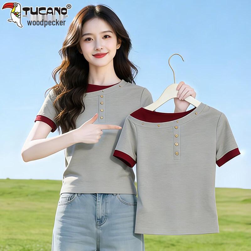 TUCANO Women s Faux Two-Piece Color Block Short Sleeve T-Shirt 4XL