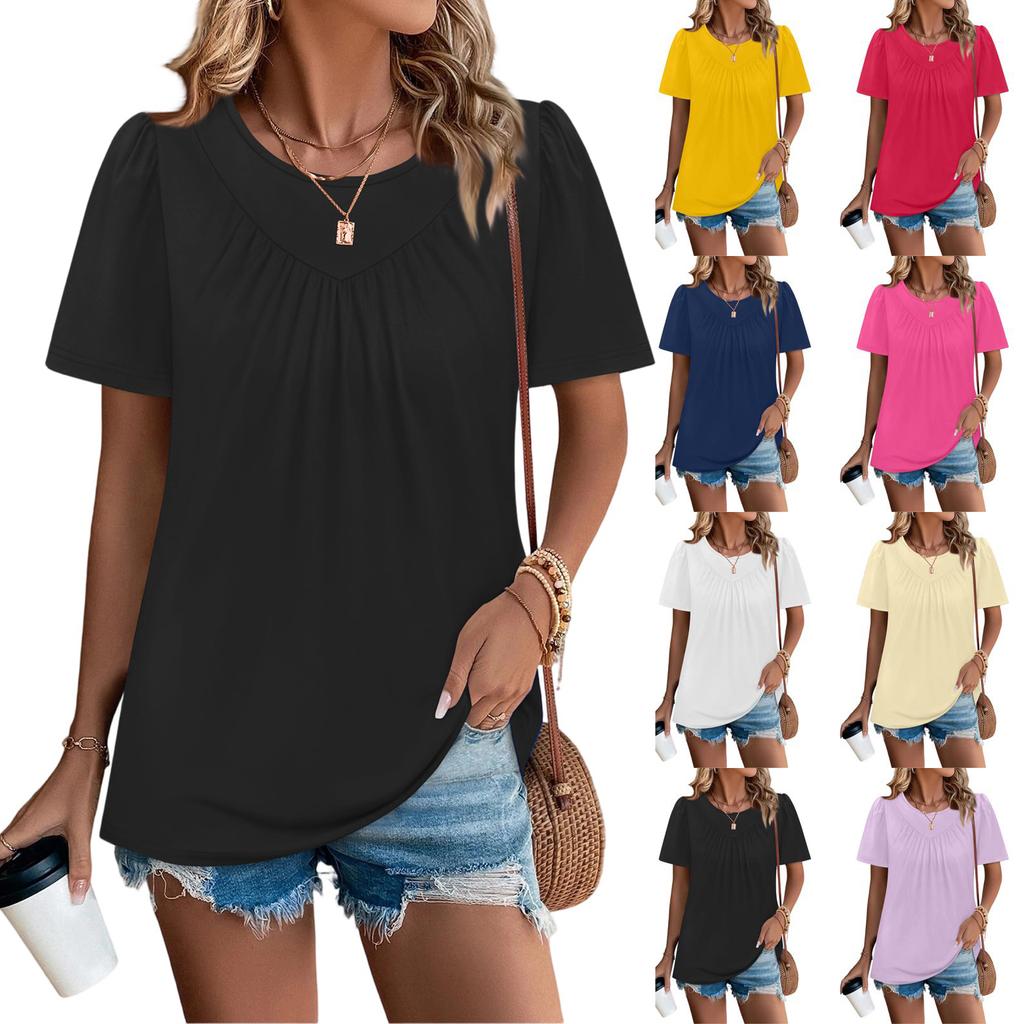 Women's Casual Fashion Round Neck Solid Color Pleated Short Sleeve T-shirt Top