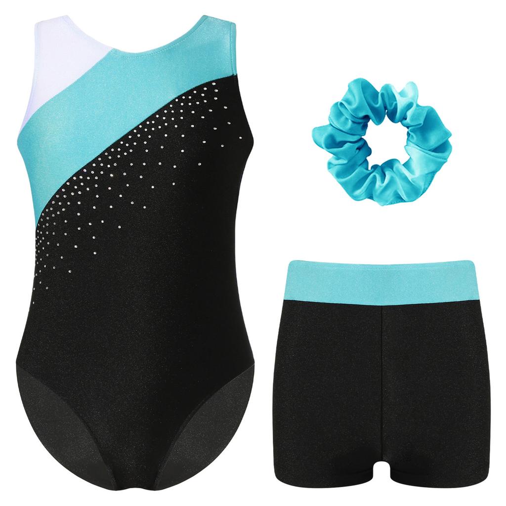 Girls Gymnastics Outfit Set Sleeveless Rhinestone Leotard with Matching Shorts and Hair Accessory
