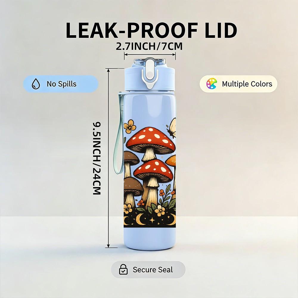 1PC Wild Mushroom Forest Scene Print 750ml Color Plastic Sports Water Bottle Leakproof Flip Straw Lid For Sports Office Home Use