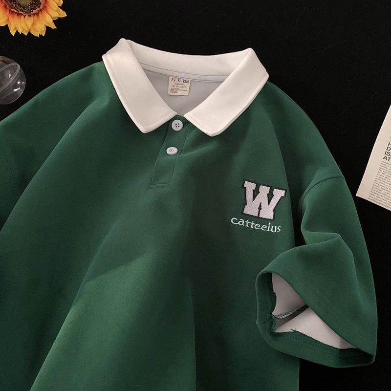 Men's Summer Embroidered Cotton Polo Shirt with College Style Contrast Colors