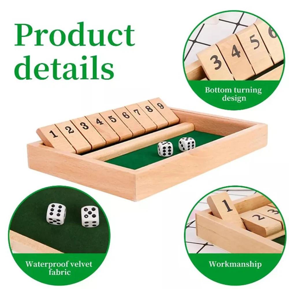 Shut The Box Dice Board Game Wooden Flaps & Dices Game 4 Players Pub Bar Party Supplies Family Entertainment for Kids & Adults
