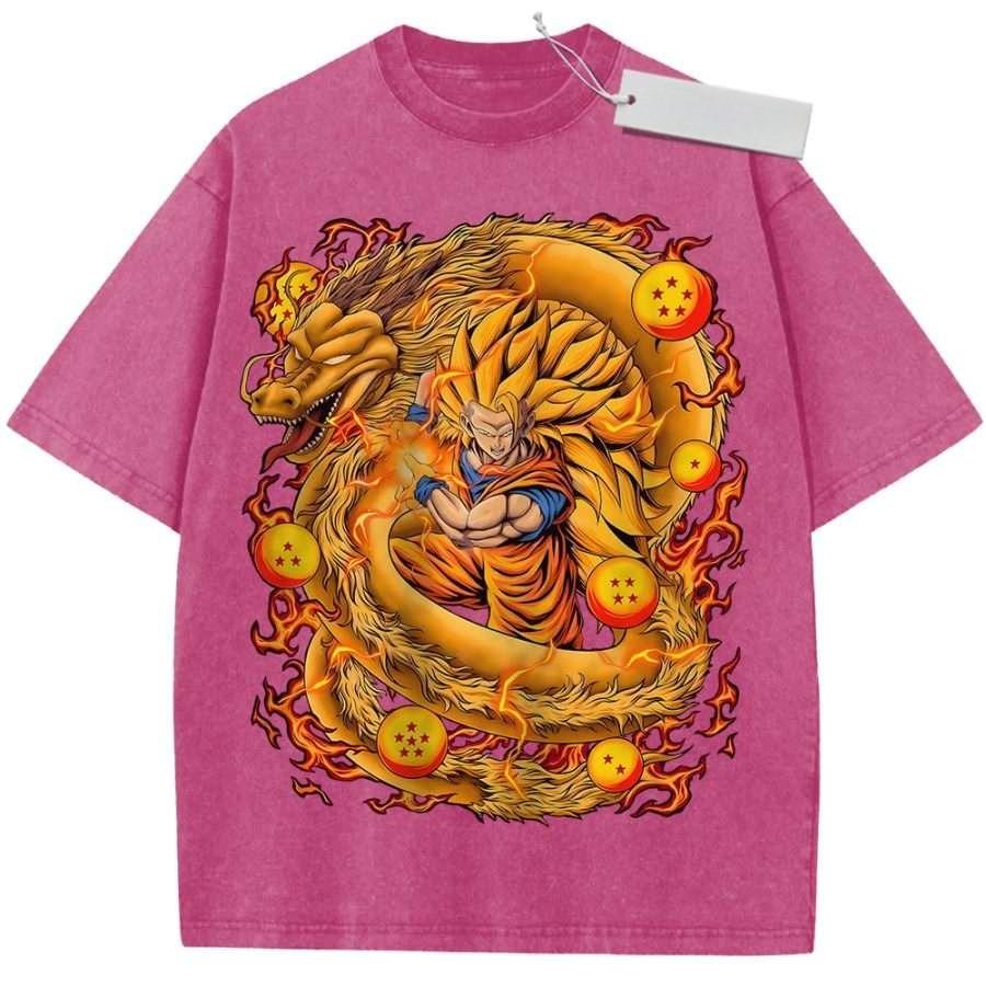 Summer Mens Black Washed T Shirt Dragon Ball Z Super Saiyan Goku Golden Dragon Dragon Balls Flames High Quality