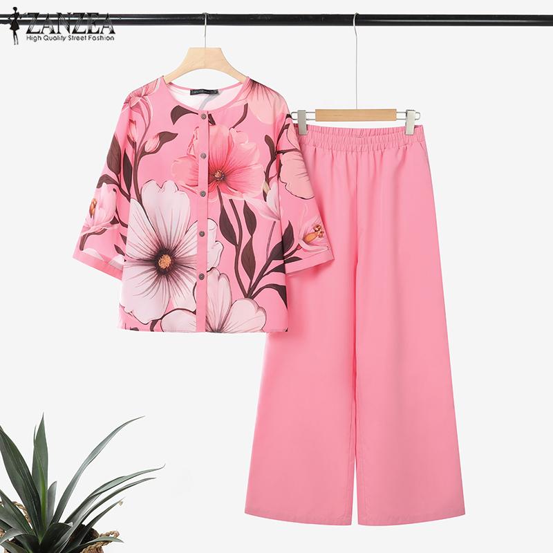 ZANZEA Women 3/4 Sleeve Print Blouse and Pants Casual Two Piece Suit Sets