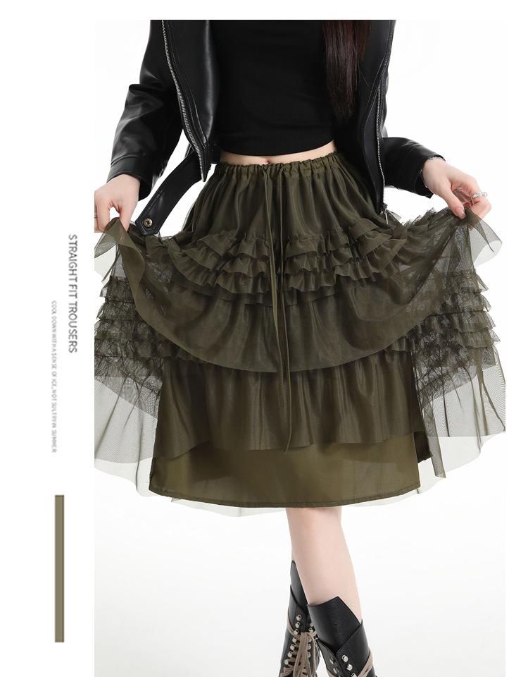Hoher Taille Flauschiger Netz-Midirock mit Holzohr-Spitzen-Patchwork für Damen - Frühjahrskollektion 2026