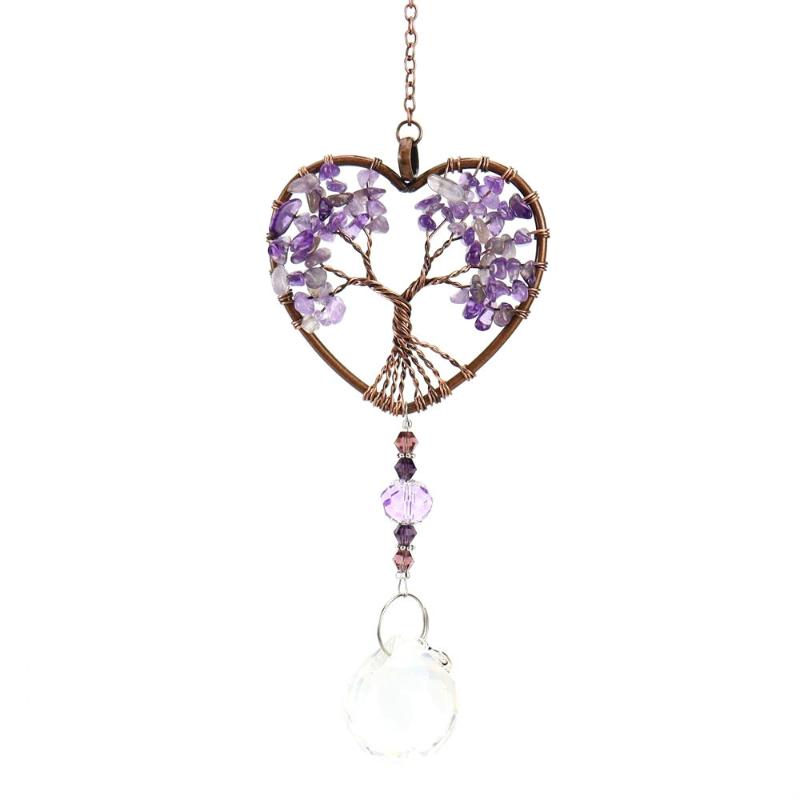 

Amethyst Tree of Life Car Ornament Heart Shape Natural Crystal Pendant Sun Catcher for Car Rearview Mirror