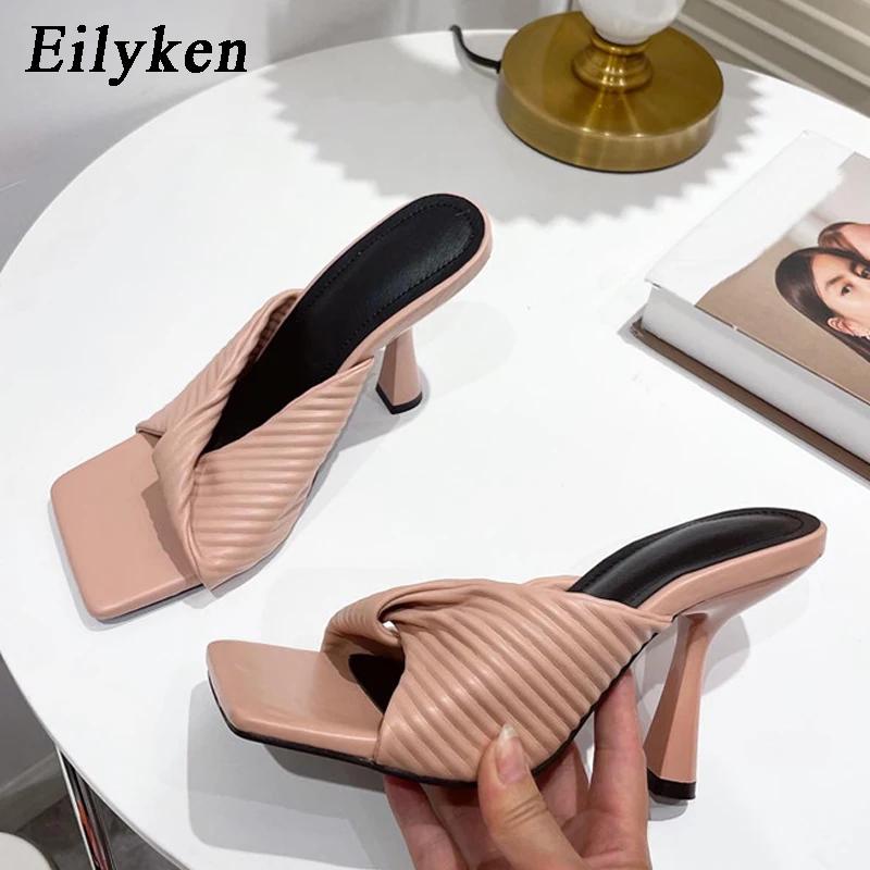 Summer Pleated Orange Women Slipper Fashion Slides Ladies Elegant Thin High Heel Square Toe Sandals Shoes