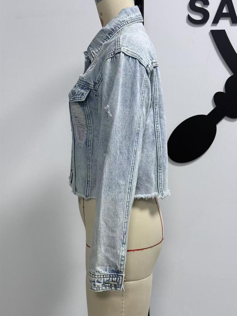 2026 Spring/Summer Women's Button Washed Ripped Raw Edge Denim Top