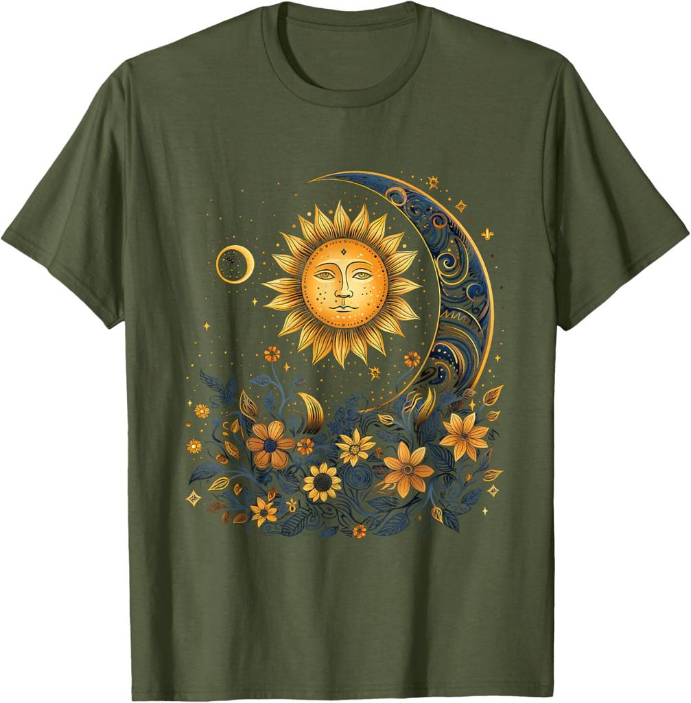 Mystic Sun and Moon Floral Graphic T-Shirt Men Casual Print O-Neck Breathable Trip Tee