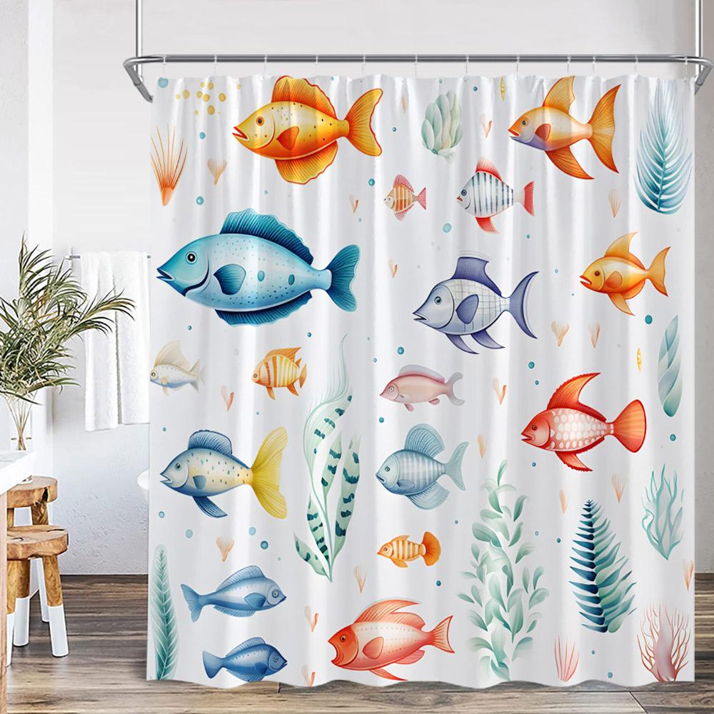 Nautical Cartoon Shower Curtain Tropical Fish Starfish Shell Seaweed Coral Underwater Bathroom Decoration Polyester Bath Curtain