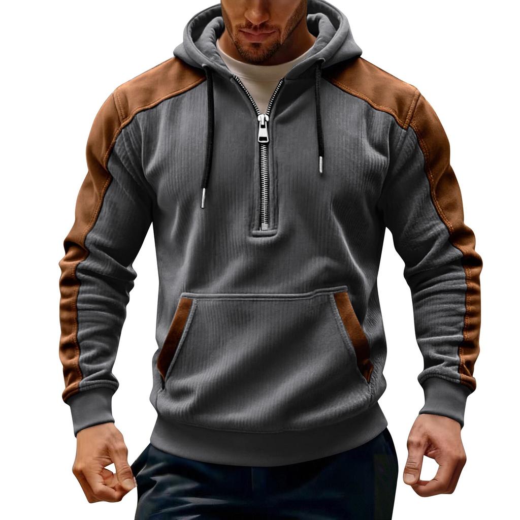 Hanorac de iarnă pentru bărbați, cu blocuri de culoare, cu jumătate de fermoar și glugă, hanorac casual mărime plus