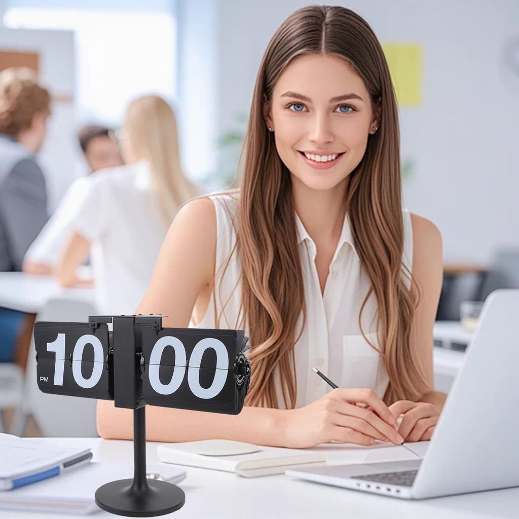 Desk Clock 304 Stainless Steel PVC Automatic Page Turning Mechanical Desk Clock 12 Hours with Extended Rod for Living Room