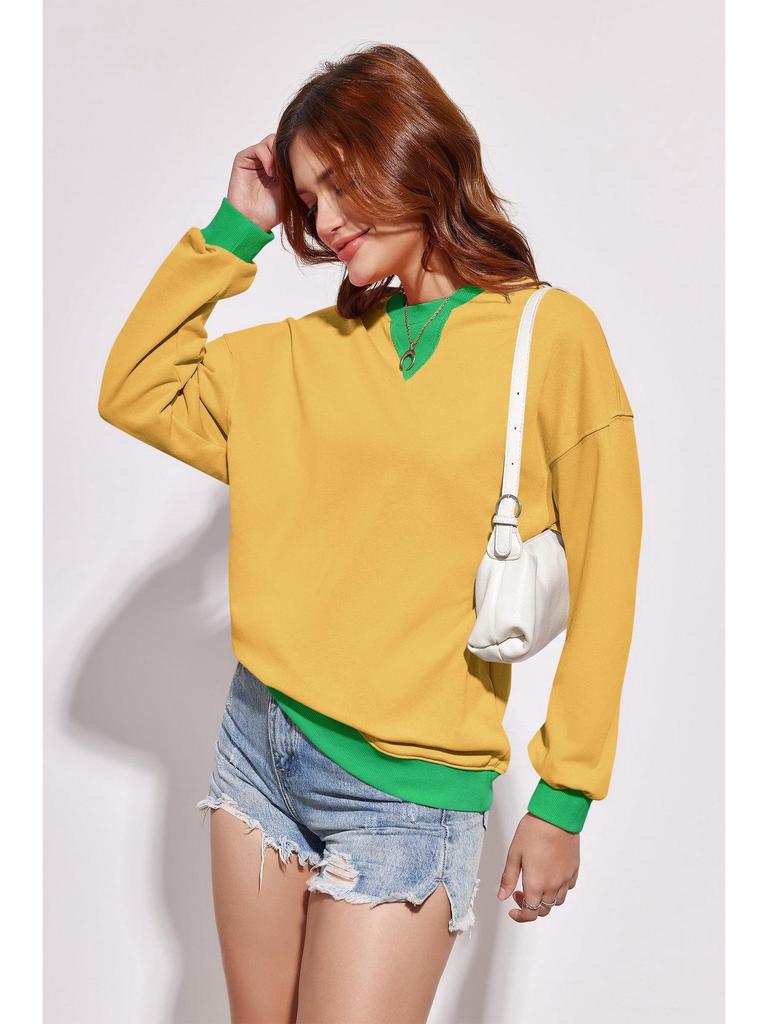 2025 Spring European American Style Color Block Long Sleeve Pullover Hoodie with Embroidered Collar