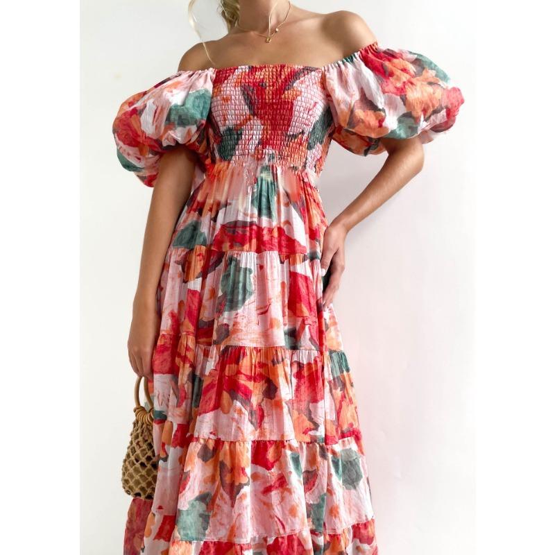Women's Fashion Summer Spring Flower Pattern Print Short Sleeve One Shoulder High Waist Casual Dresses