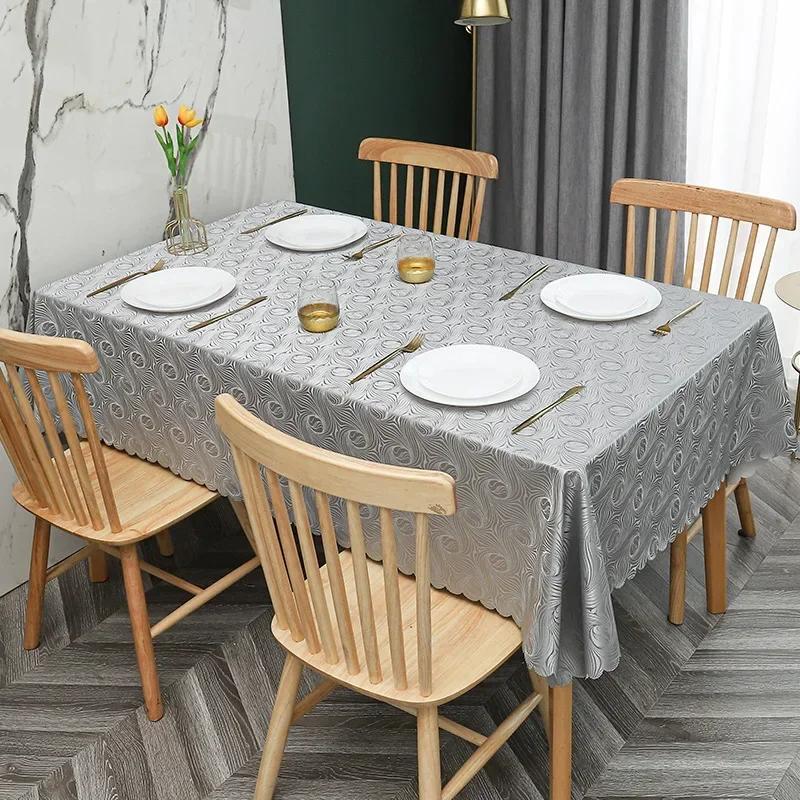 European Style PU Tablecloth, No Wash Restaurant Household Rectangular Waterproof Dining Table Fabric Jacquard Round Table Mat