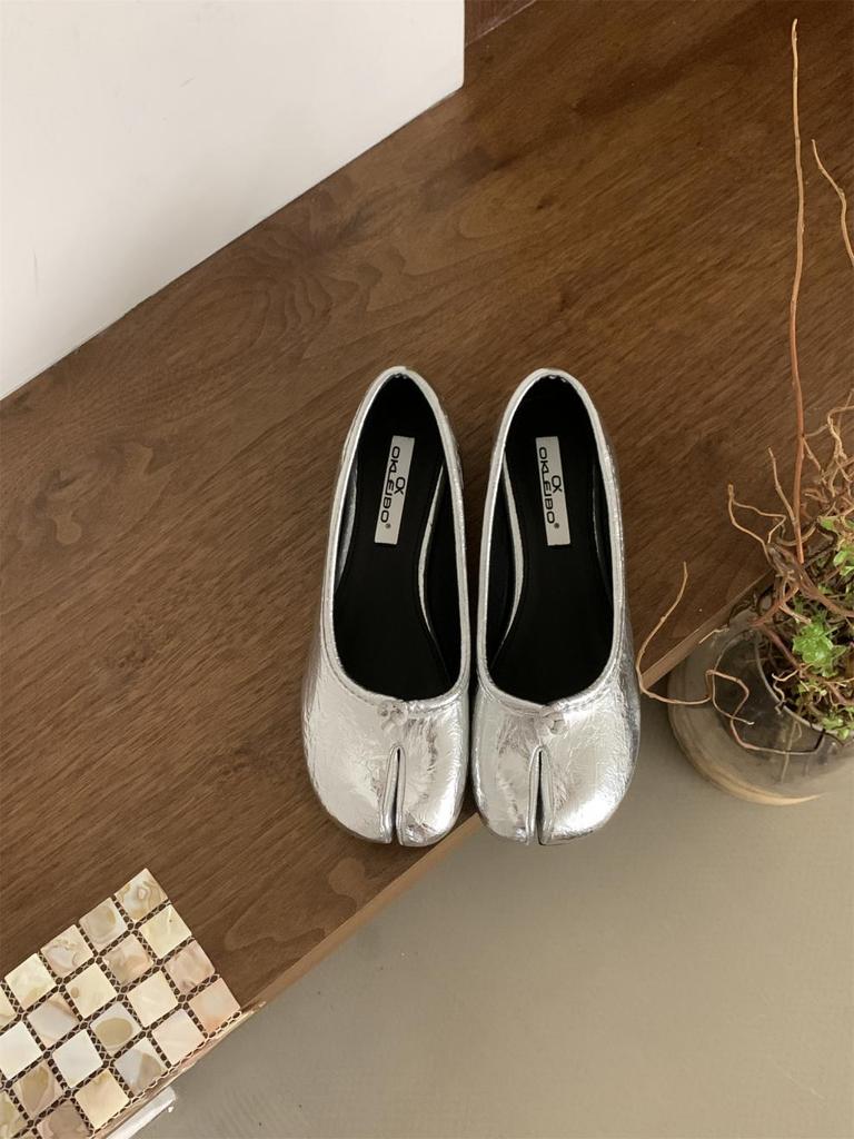Fashion IPPEUM Split Toe Shoes Gold Women Mary Janes Ballerina Flats Shoes Leather Dress Summer Silver Ballet Shoes