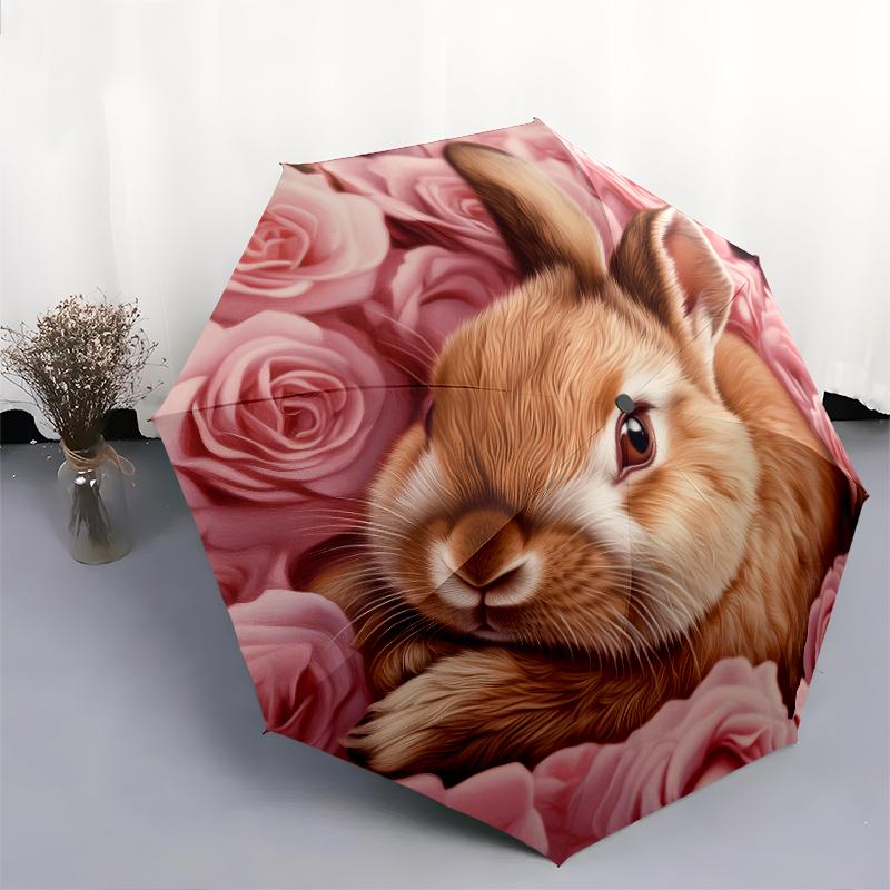 Rabbit and Flowers pattern, automatic folding umbrella, portable and foldable design, 8 ribs, a Christmas or birthday gift.