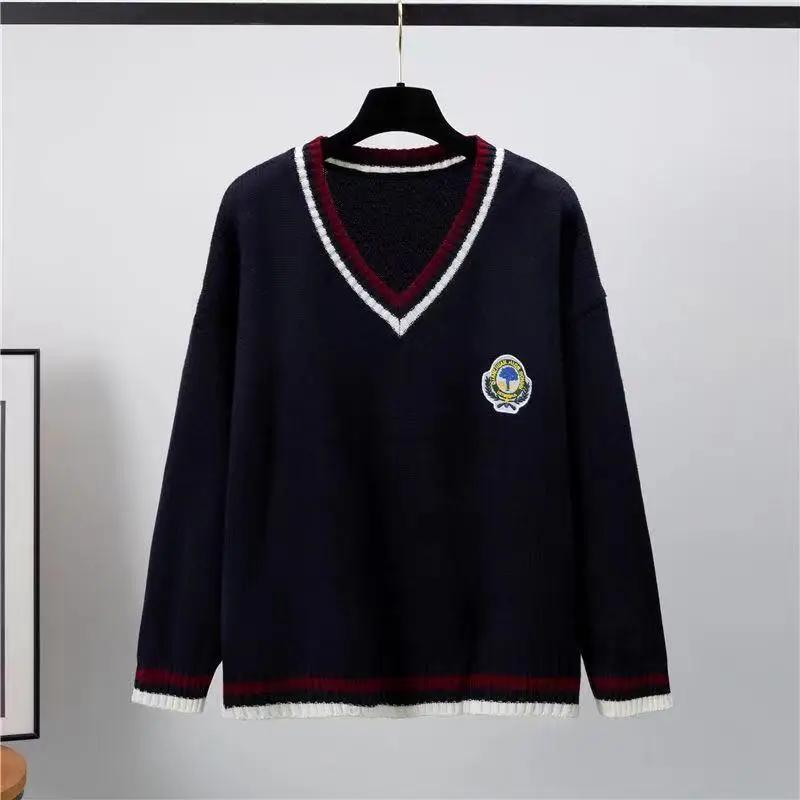 New  Japanese Preppy Pullover JK Sweater Loose Casual Long Sleeves Student Long-sleeved Knit V-neck Pullover School Uniform
