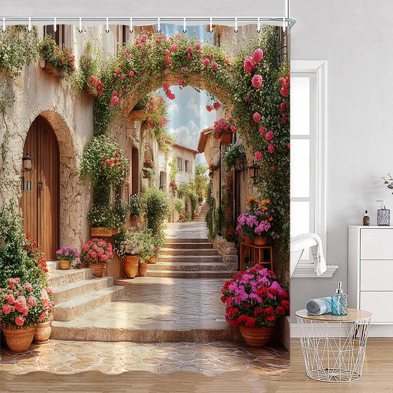 Greek Mediterranean Shower Curtain Purple Flowers Blue Door Window White Architecture Nature Landscape Bathroom Curtains Decor