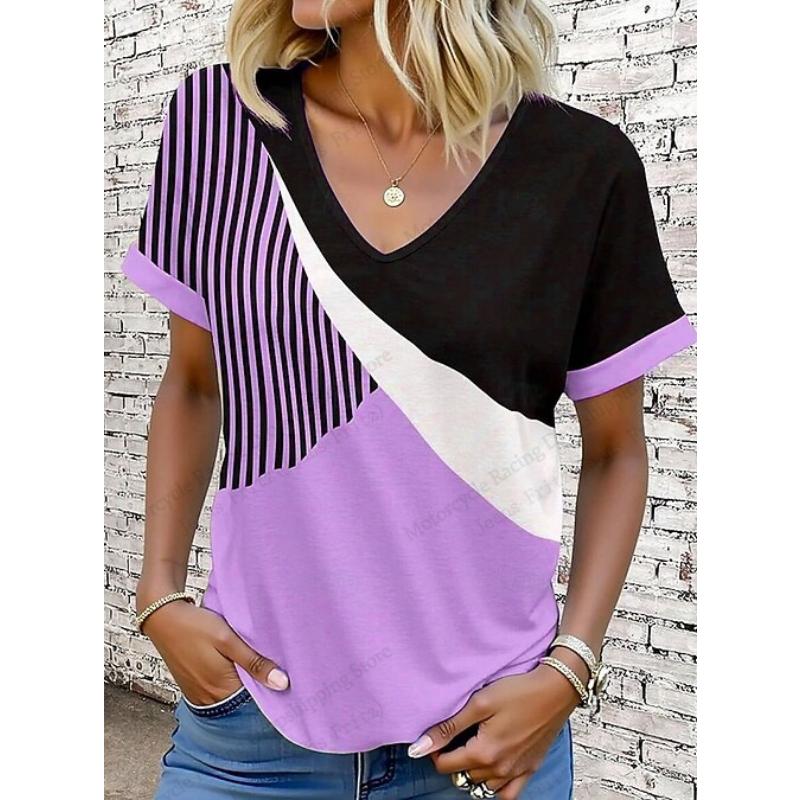 New Geometric Vintage Striped 3d Print T-shirt Women Fashion Casual V-Neck Short Sleeve Tops Tees Women Clothes Large Size Loose