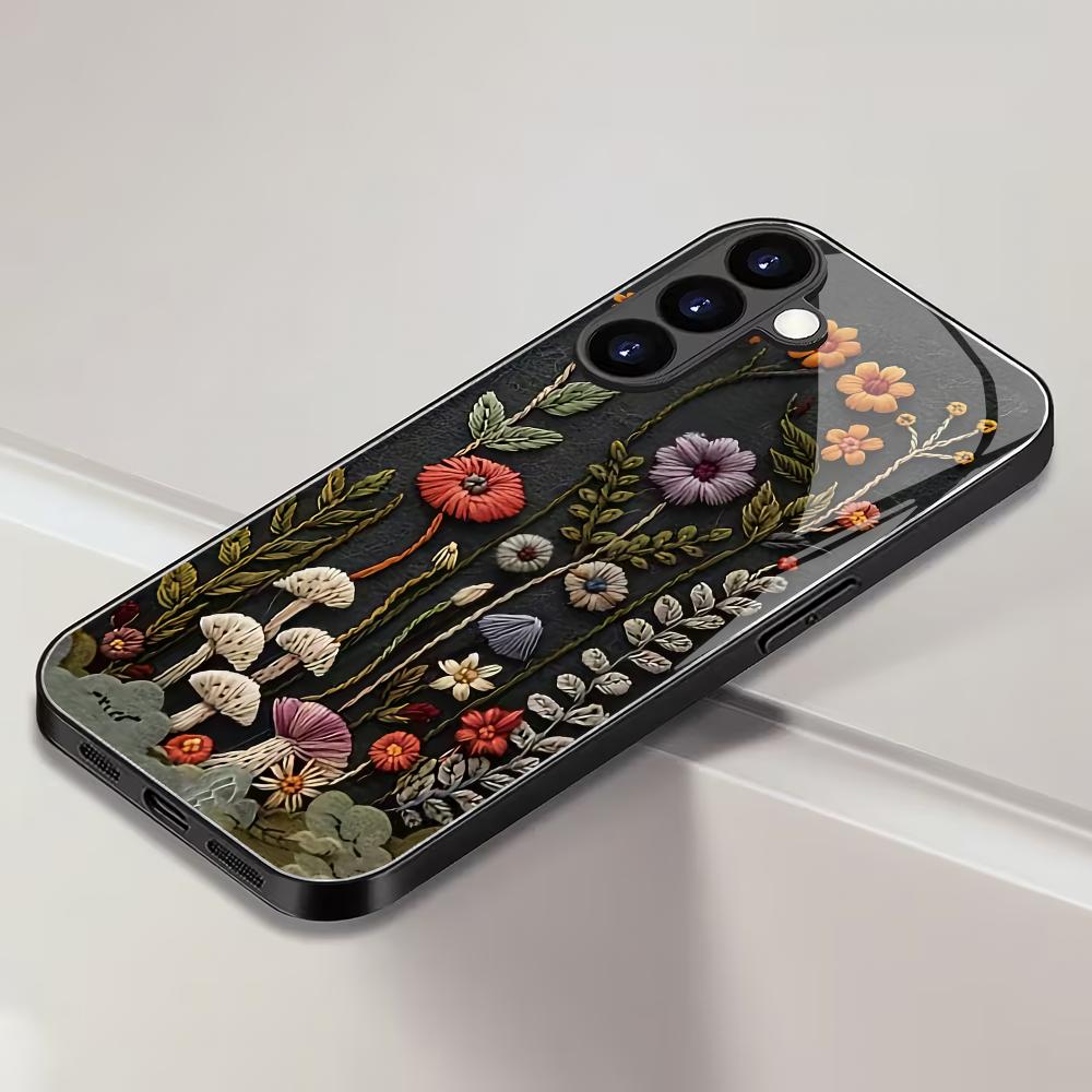 Pflanzenblumen-Hartglas-Handyhülle geeignet für Samsung Galaxy S26 S25 S24 S23 S22 S20 FE/Ultra/Plus stoßfeste Rückabdeckung