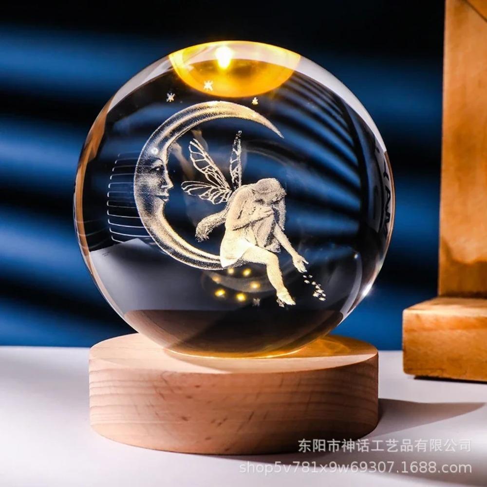 Hot 6cm 3D Crystal Ball Stitch Pikachu Wooden Base with 6cm Crystal Ball Planet Night Light Laser Carving Children's Gifts