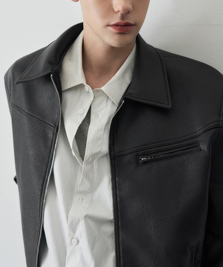 Draw Fit Russell Textured Single Leather Jacket [Black]