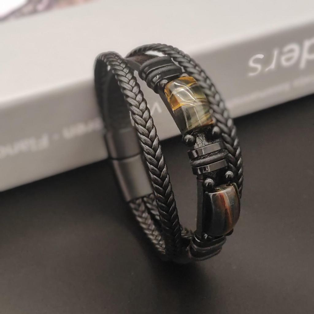 Men's Double Layer Leather Bracelet with Tiger Eye Stones