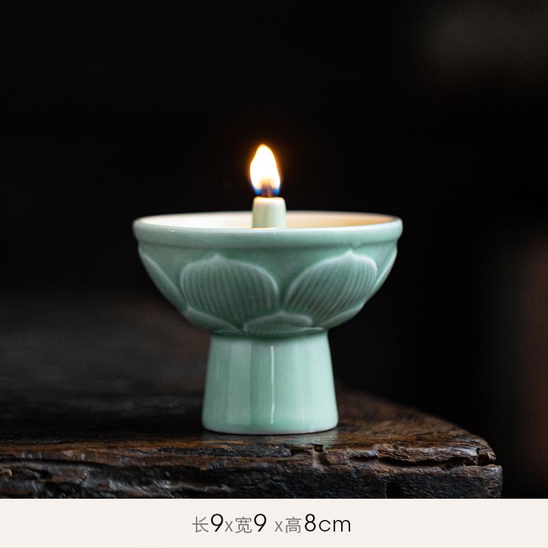 

Chinese ceramic ornament retro celadon oil lamp candlestick home offering Buddha everbright lamp