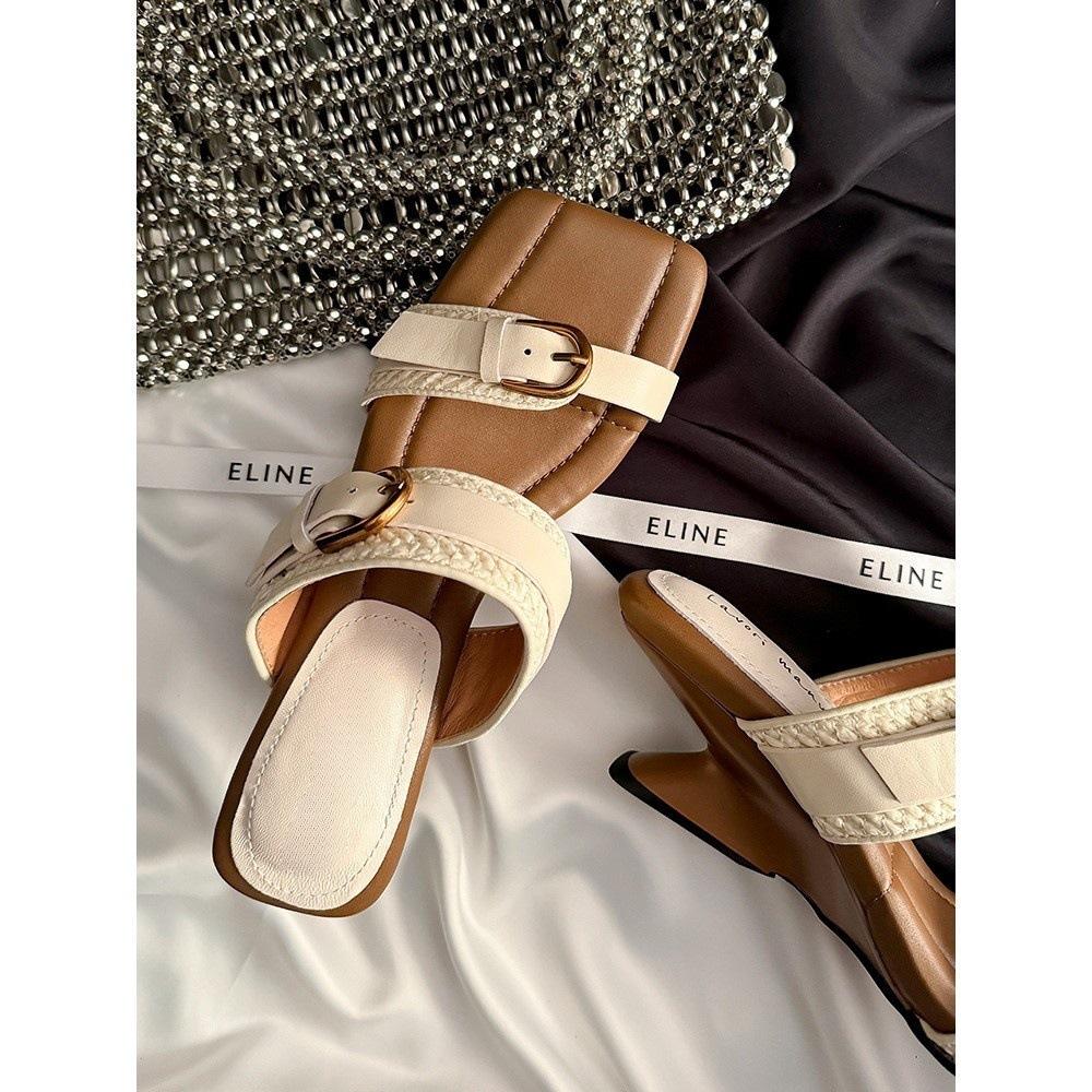 Strandurlaub~ Gürtelschnalle Stroh High Heels Tragen Keilabsatz Ein-Wort Cool Pantoletten Frauen