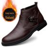 Men's British Style Mid-High Top Layer Cowhide Martin Boots, Autumn/Winter Leather, Plus Velvet, Zipper Short Boots