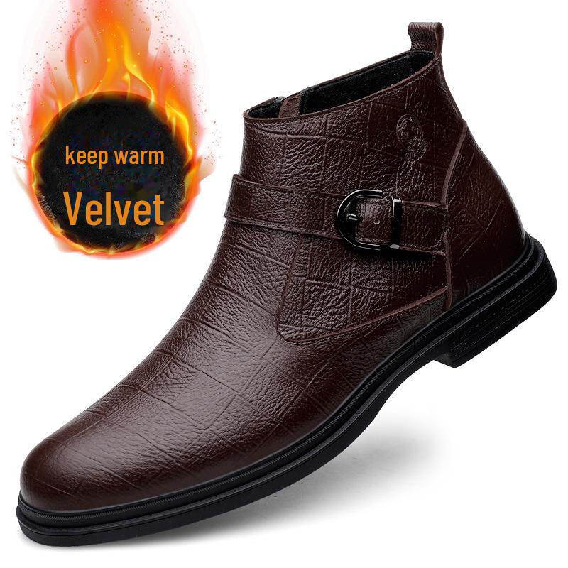 Men's British Style Mid-High Top Layer Cowhide Martin Boots, Autumn/Winter Leather, Plus Velvet, Zipper Short Boots