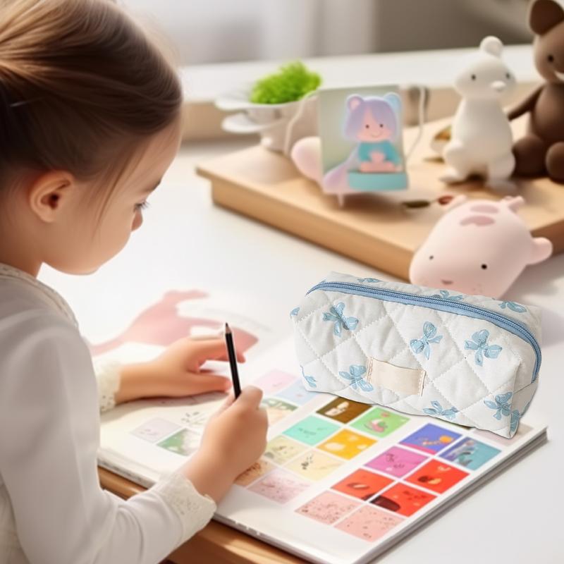 Cute Bow Flower Quilting Cotton Makeup Bag Women Zipper Cosmetic Organizer Large Capacity Stationery Portable Storage Case