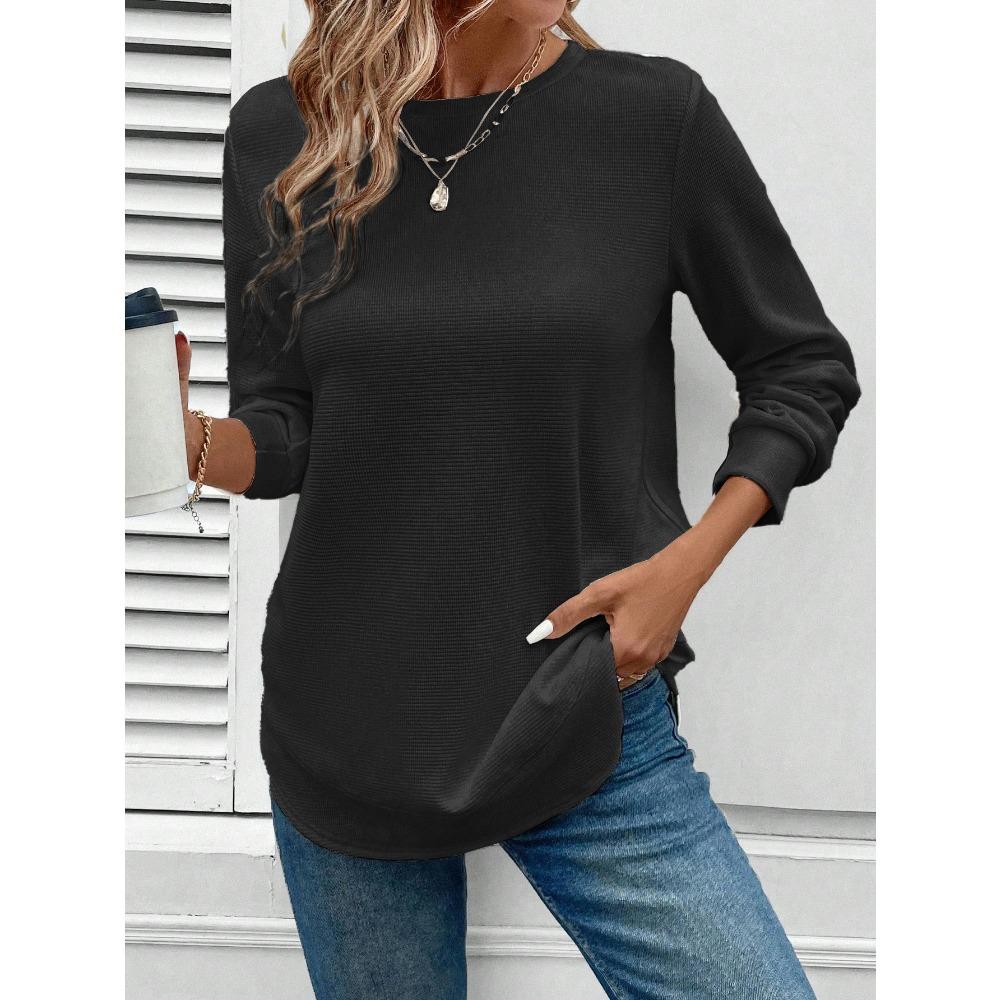QICED Women's Fashion Casual Solid Color Print Long Sleeve O-Neck Blouses & Shirts