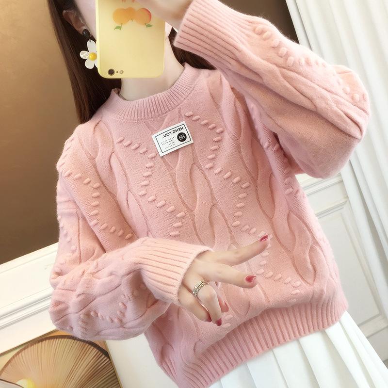 

DAFIFY Женские Модные Повседневные Осенне-Зимние Свитеры Однотонные с Принтом, с Длинным Рукавом и Круглым Вырезом Size: One Size розовый