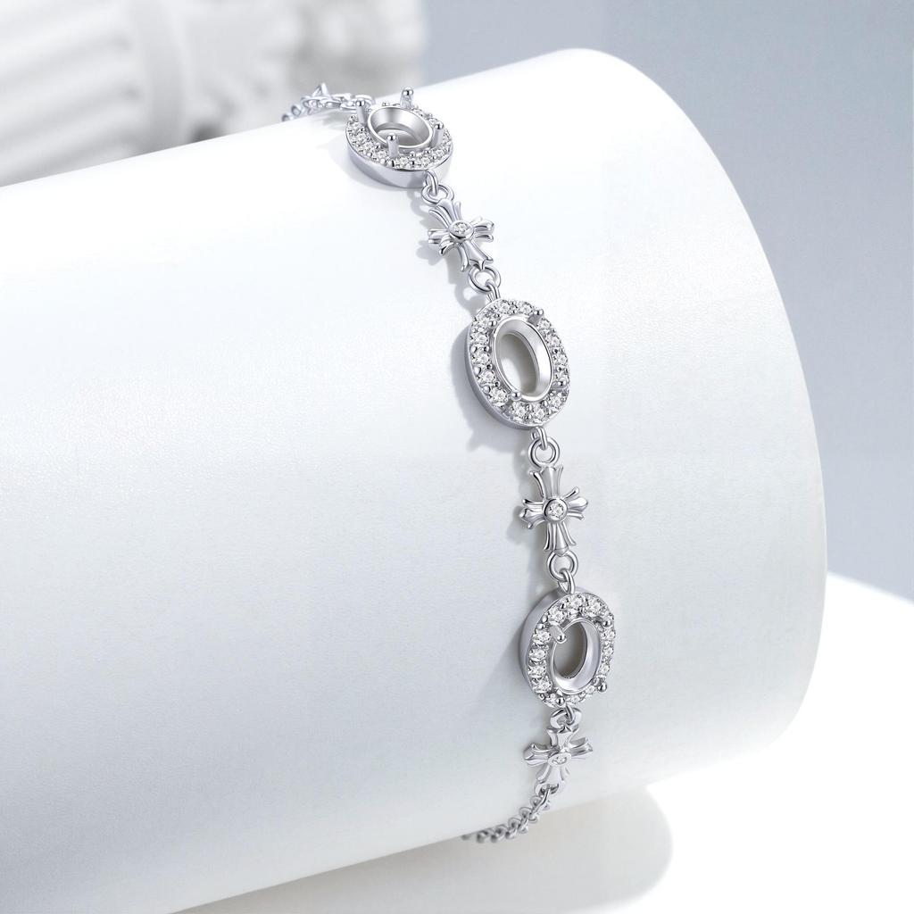 S925 Sterling Silver Luxury Cross Bracelet with Three 4x6mm Gemstone Settings and Diamond Accents