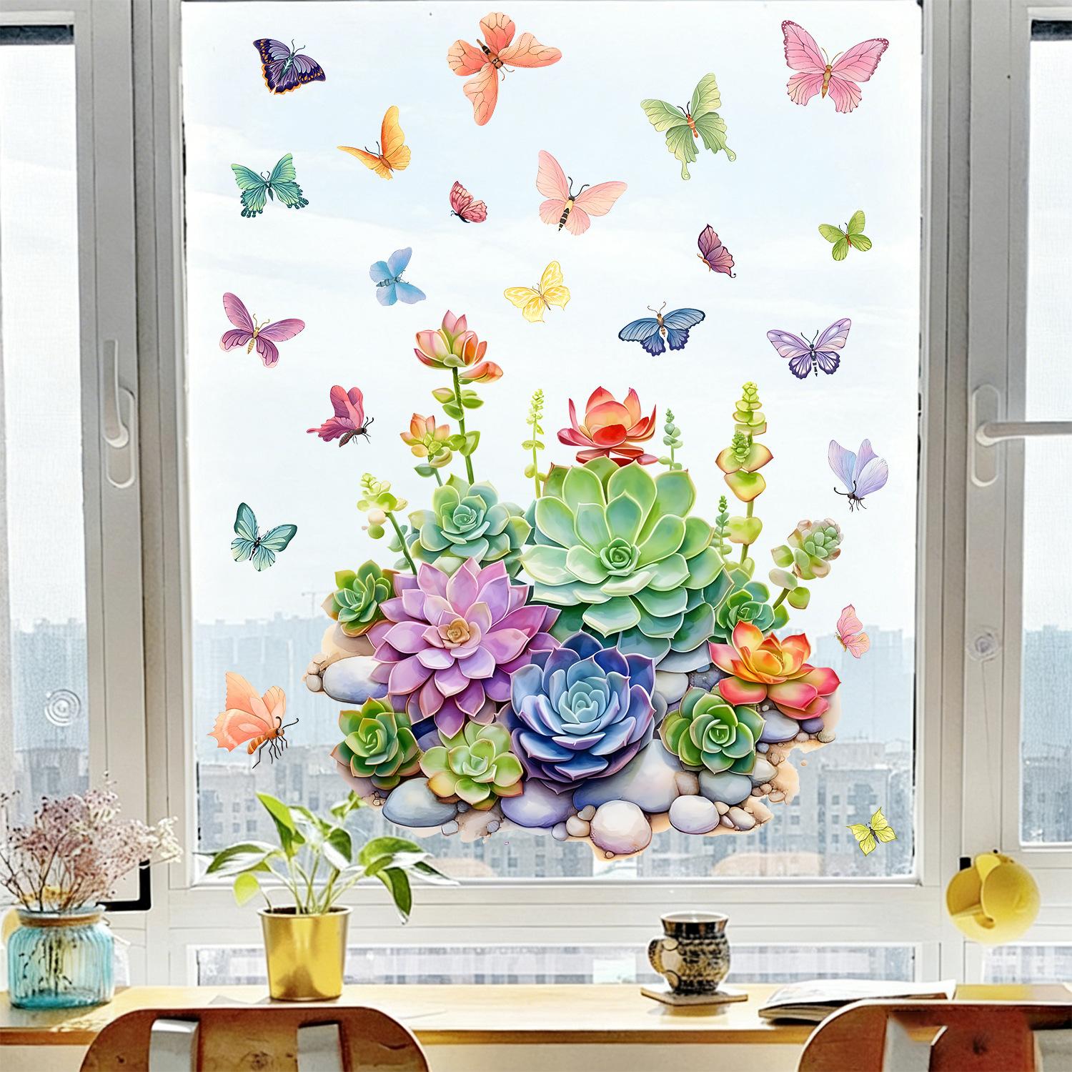 

Succulent Plants & Butterflies Static Cling Window Sticker Removable Self-Adhesive for Bedroom Living Room Balcony Hallway Home Decor Art 38x50cm разноцветный