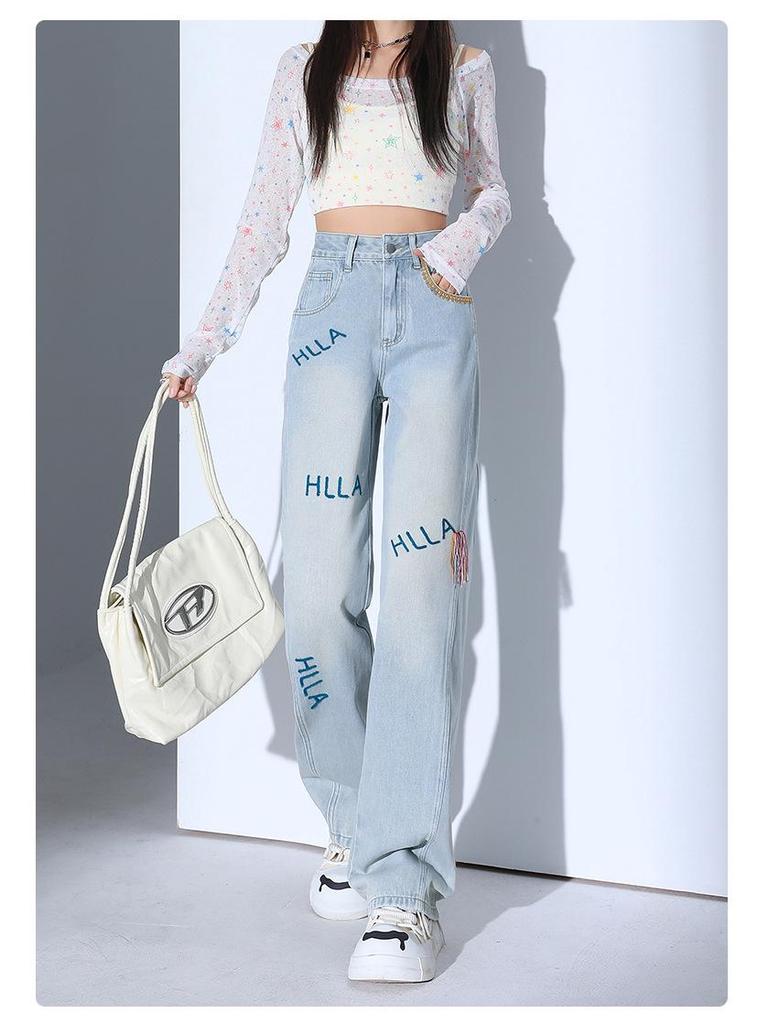 Korean Embroidered Jeans for Women - 2025 Spring/Summer Collection: Loose, Slim, Straight-Leg Design