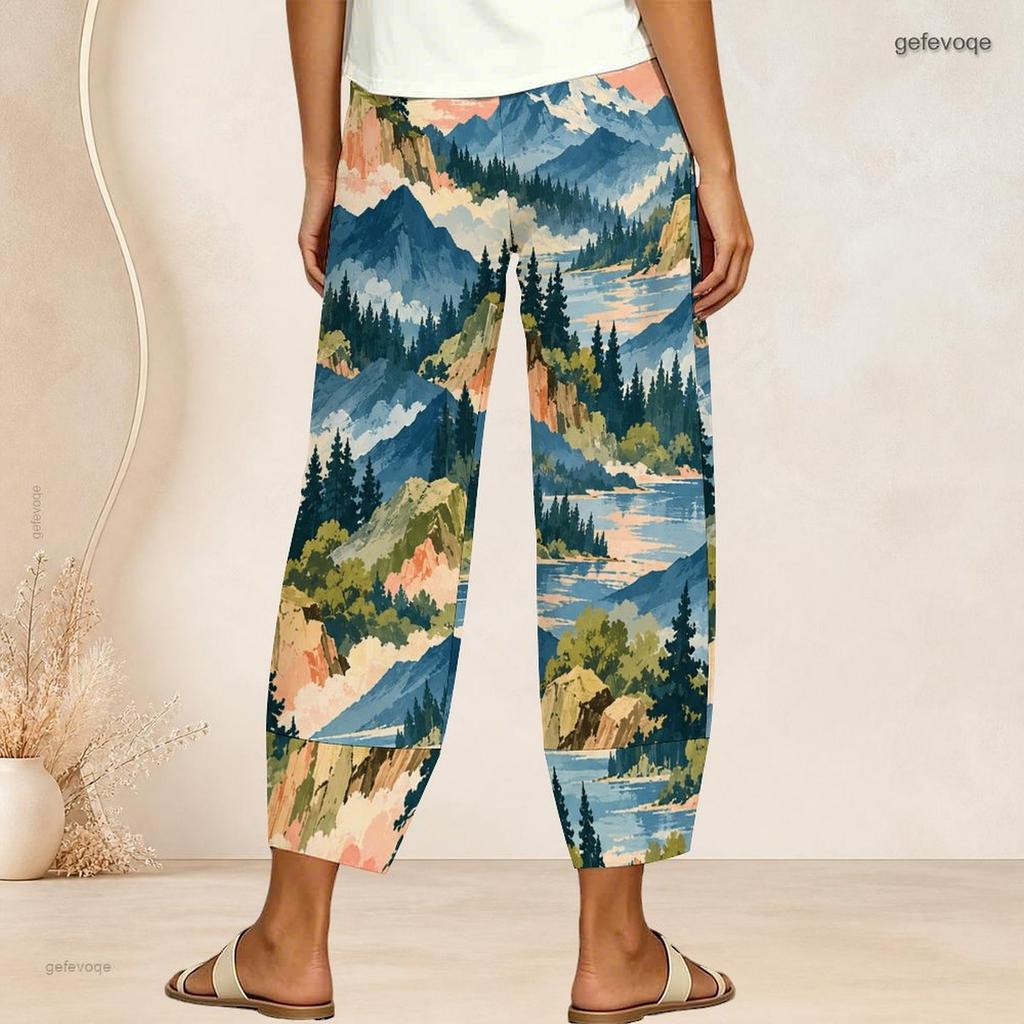 Women Plus Size Loose Deer And Leaf Printed Cross Hem Cropped Pants