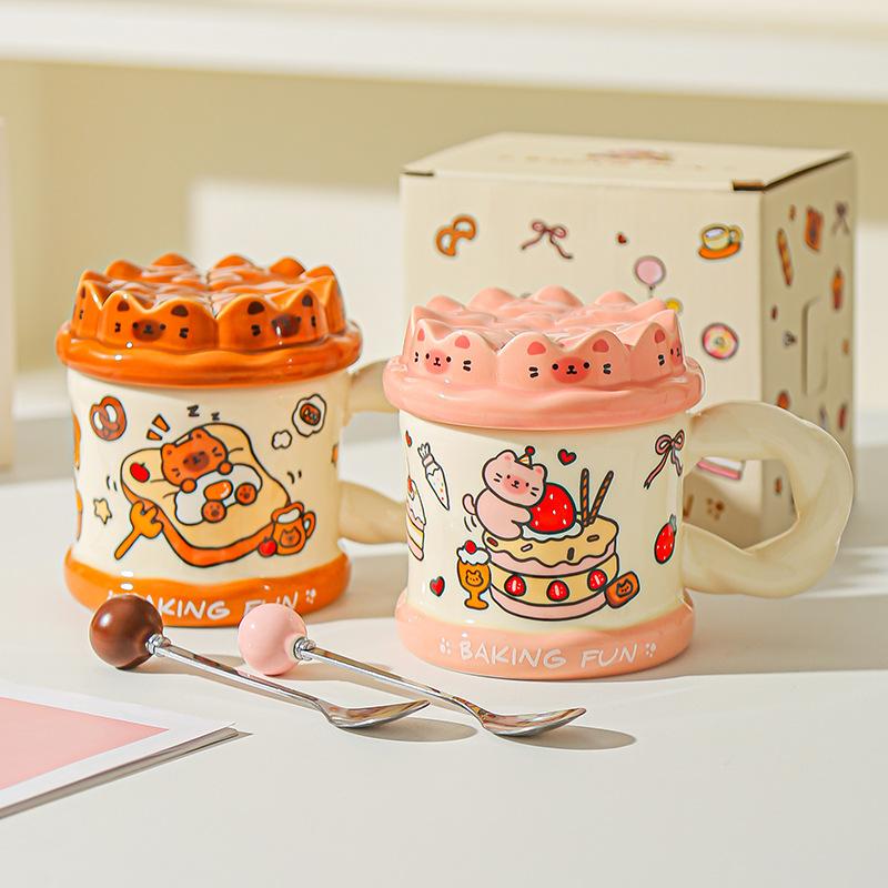 Hand drawn Birthday Cake Cute Cat Mug Office High Looking Girl Water Cup with Lid Home Couple Ceramic Cup