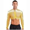 Men Mesh See Through Top Crew Neck Long Sleeve Front Zipper Half Shirt Breathable Metallic Club Top