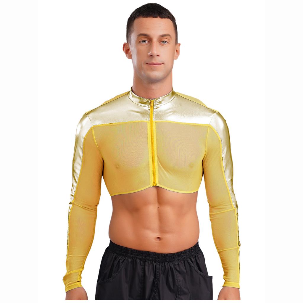 Men Mesh See Through Top Crew Neck Long Sleeve Front Zipper Half Shirt Breathable Metallic Club Top