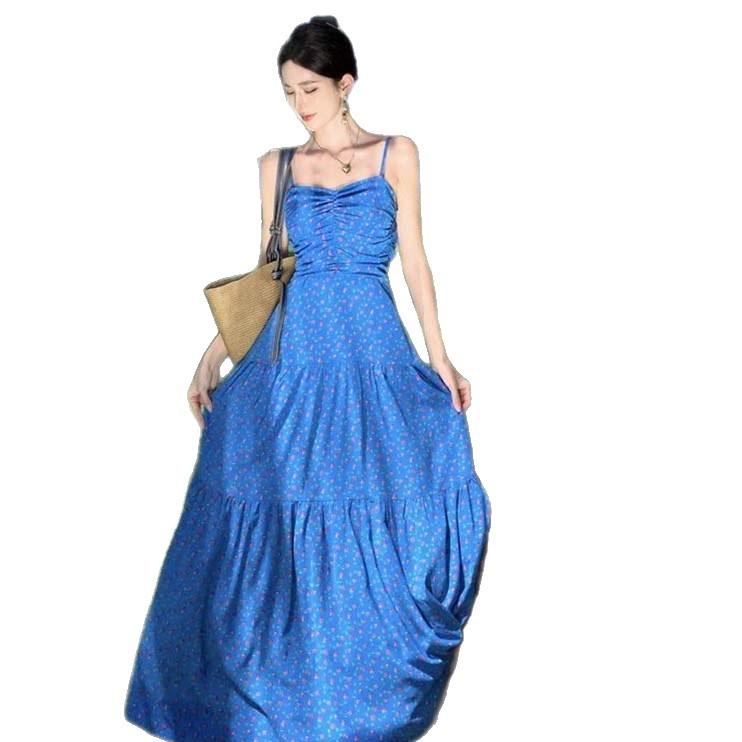 Floral Blue Suspender Dress Women's Summer Bow Halter High Waist Thin Spice Girl Long Dress Seaside Photo Clothes