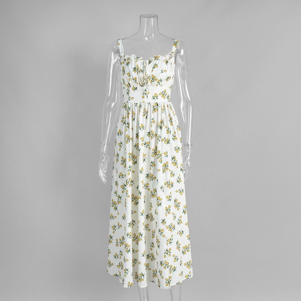 Nuovo Vestito Sottoveste Estivo con Stampa Floreale, Scollo Basso, Vita con Laccio, Spacco Alto, Abito Casual da Festa per Donna