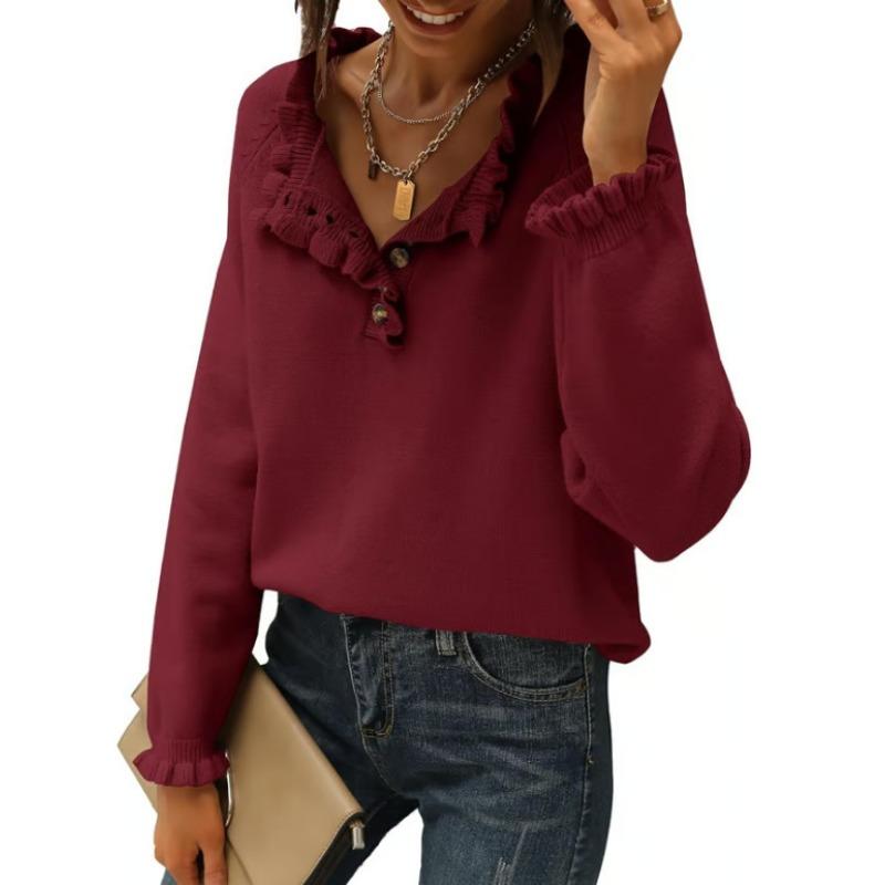 Women S Knit Long Sleeve Pullover Sweater With Buttons Ruffles